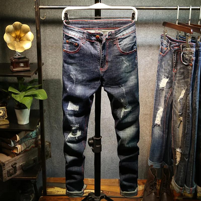 

Men Jeans Loose Stretch Pleated Hole Bleached Casual Solid Men Denim Jeans Distressed Washed Floral 2018 Male Jeans