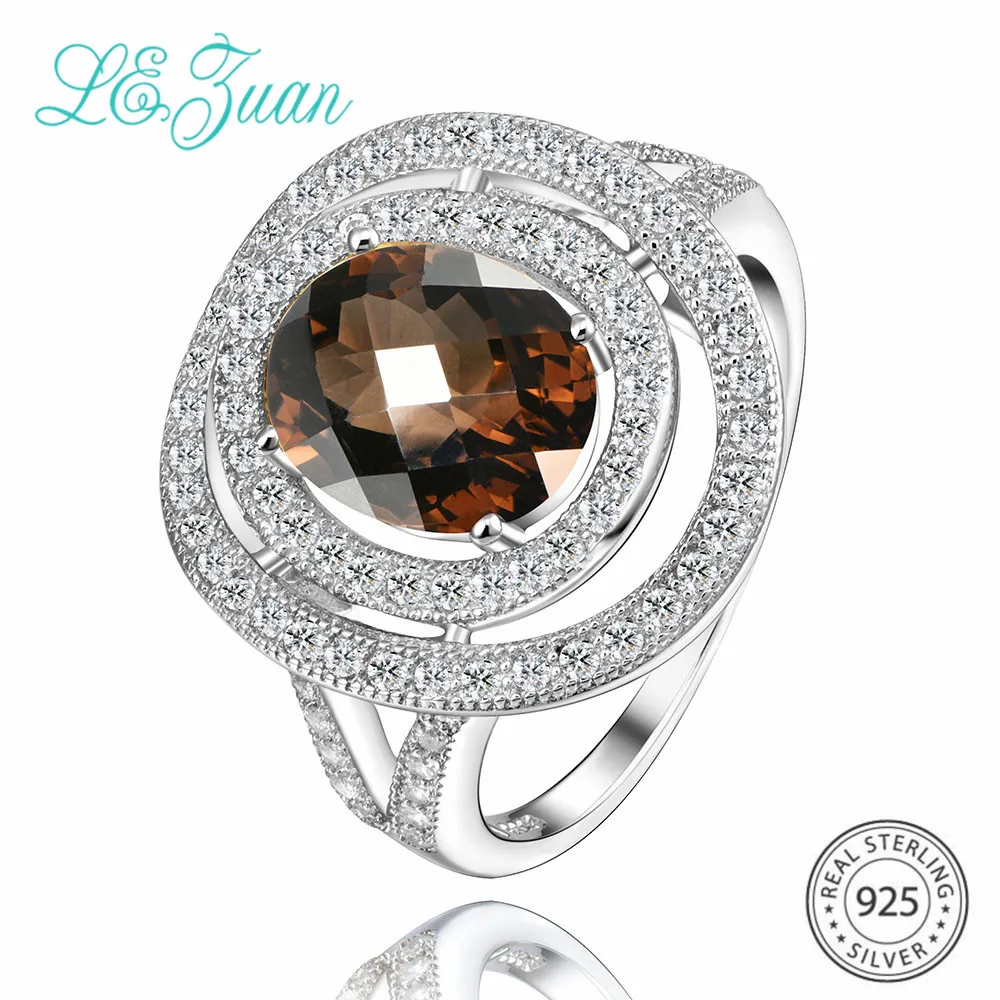 

L&zuan 2.68ct Natural Smoky Quartz Rings for Woman in 925 Sterling Silver With White CZ Paved Ring Oval Cut Stone Fine Jewelry