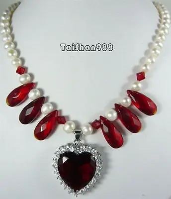 

FREE SHIPPING>>>@@ >& ***Hot sale >>>Genuine White Pearl Red Cubic Zirconia Heart Crystal 18KWGP Pendant Necklace