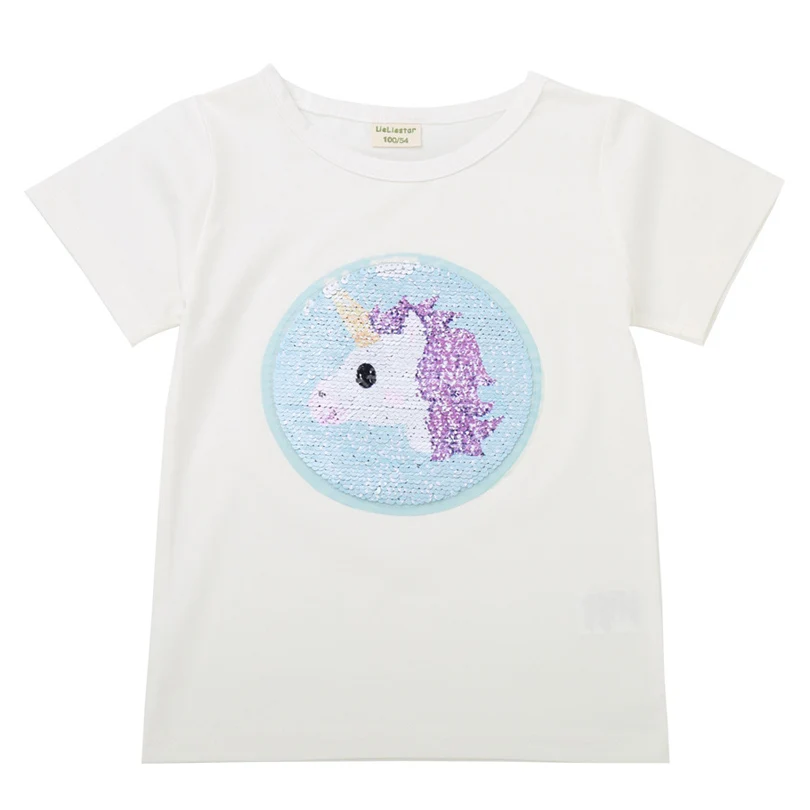 Летняя футболка для девочек; футболка в блестках с изображением волшебного единорога; детская повседневная одежда; модная футболка с короткими рукавами и рисунком Эльзы и Анны - Цвет: P