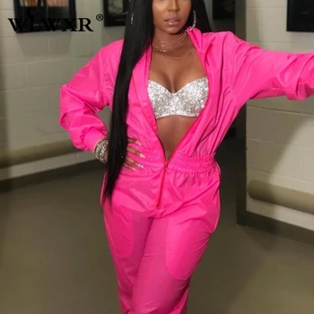 

WLWXR Streetwear Summer Rompers Womens Jumpsuit Female 2019 V Neck Long Sleeve Pink Casual Sexy Bodycon Jumpsuit Women Overalls