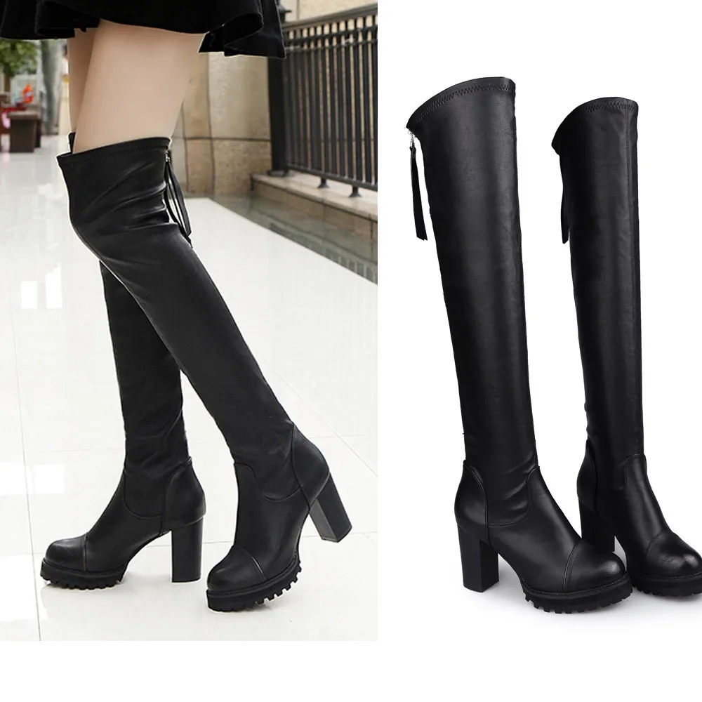 Boots Women Sexy Party Boots Women Suede Leather Shoes Over the Knee Heels Boots Flock Winter High Boots обувь женская #T30G