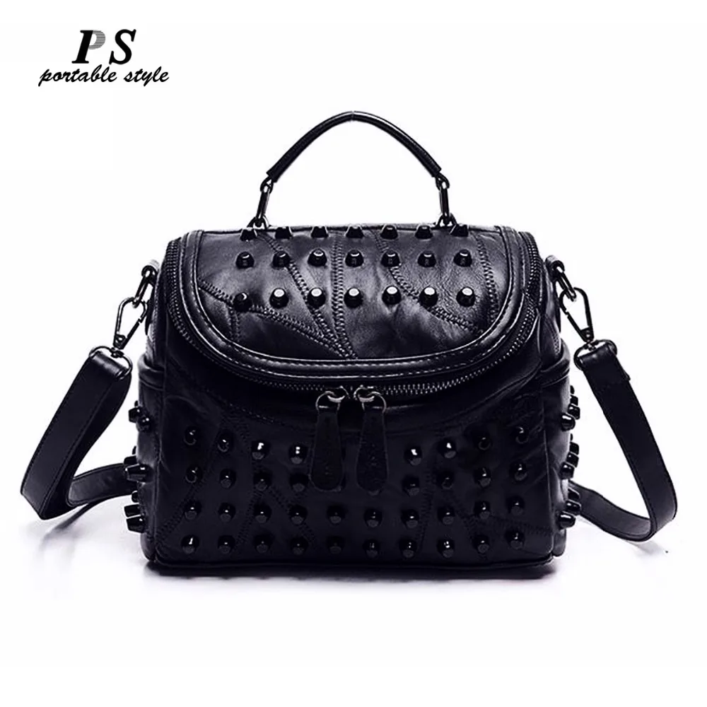 Tassel Bags Women Black Rock Rivets Punk Leather Handbags Patchwork