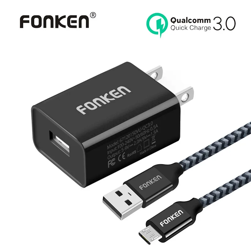 

FONKEN USB Charger Quick Charge 3.0 Phone Charger QC3.0 QC2.0 18W Fast Charger with Charging Cable for Mobile Phone US Plug