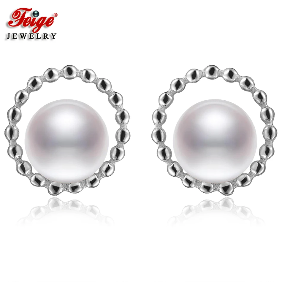 

FEIGE Fashion style Real 925 Silver Stud Earring 7-8mm White Freshwater Pearl Earrings for Women Fine Jewelry Pendientes Perla