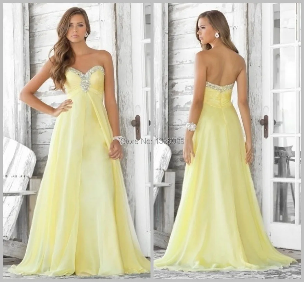 Light Yellow Sweethart Beaded Chiffon Prom Dress 2015 Off The Discount 