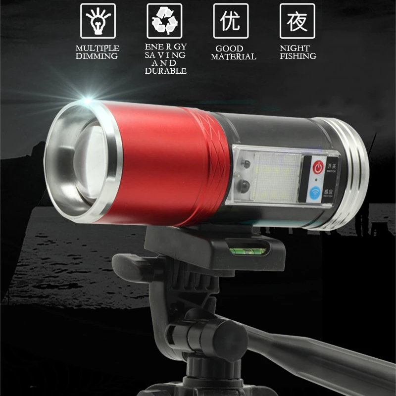 Kopen Aluminium Shell Night Vissen Licht met Inductie Kant Lichten Oplaadbare Blauw Licht MultipleMode 360 Graden Rotatie Zaklamp