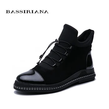 

BASSIRIANA 2019 autumn new women's shoes black patent leather and stretch fabric combined with comfortable flat shoes