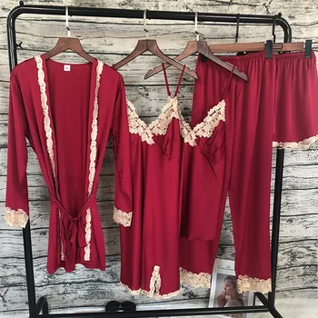 

Women 5 Pieces Robe Gown Set Lace Satin Faux Silk Sleepwear Pijama Solid Long Sleeve Ladies Sleep Nightwear Bathrobe Night Dress