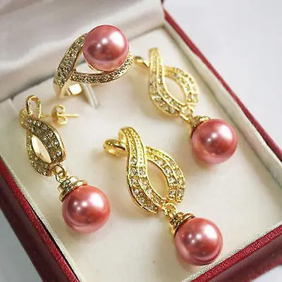 

1Set AAA 12mm Pink Shell Pearl Pendant Necklace Earrings Ring Set>^^>18K gold plated watch Quartz stone CZ crystal