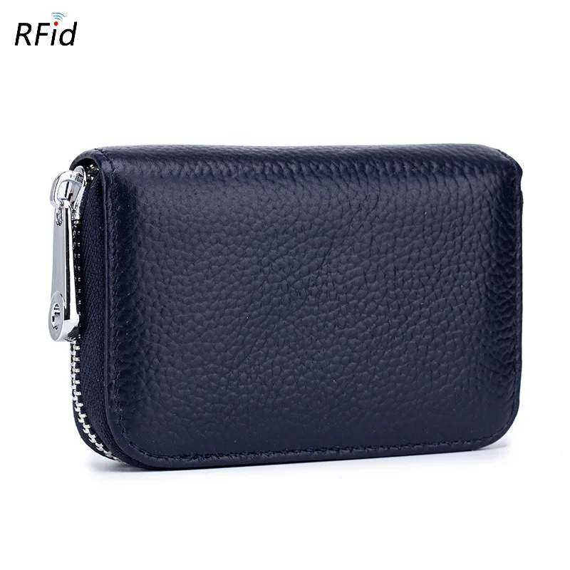 FUNMARDI Genuine Leather Card Wallets Women Business RFID Credit Card Bag Men Small Wallet Leather Lady Travel Card Bag WLHB1999 - Цвет: Темно-синий