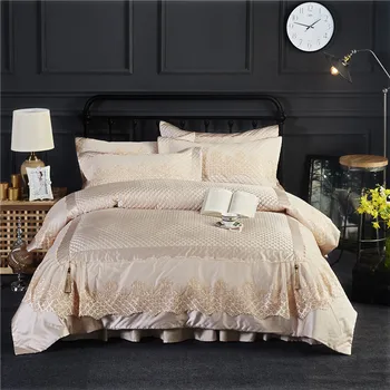 

Beige Luxury Silk Cotton Lace Royal Embroidery Bedding Set King Queen Size Thick Duvet Cover Bed Sheet Bed Linen Pillowscases