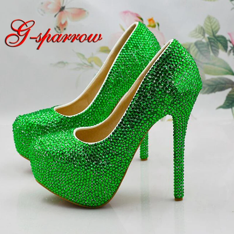 

Зеленые туфли со стразами для выпускного вечера свадебные туфли на высоком каблуке 14 см женские танцевальные туфли для выступлений туфли-лодочки на годовщину
