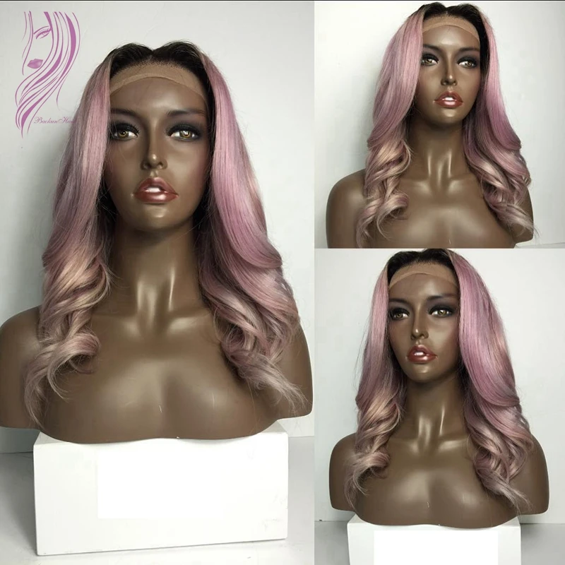 

Middle Part 16inch Cheap Pink Lace Front Wigs Dark Roots Ombre Pink Wig Glueless Heat Resistant Synthetic Wigs For Black Women