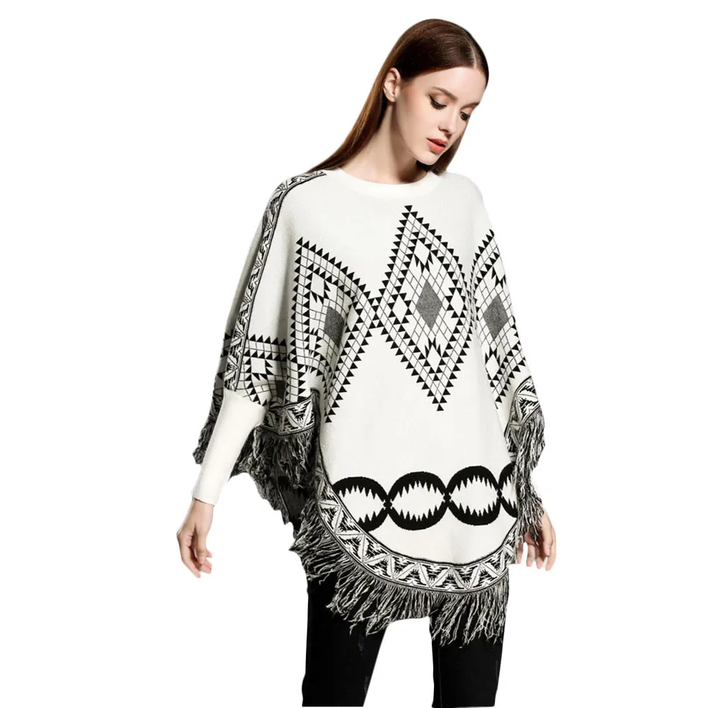 

Women Cloak Ethnic Sweaters Shawl Knitted Tassel Pullovers Winter Poncho Capes Batwing Sleeve Jumper Oversized Tops Warm Knits