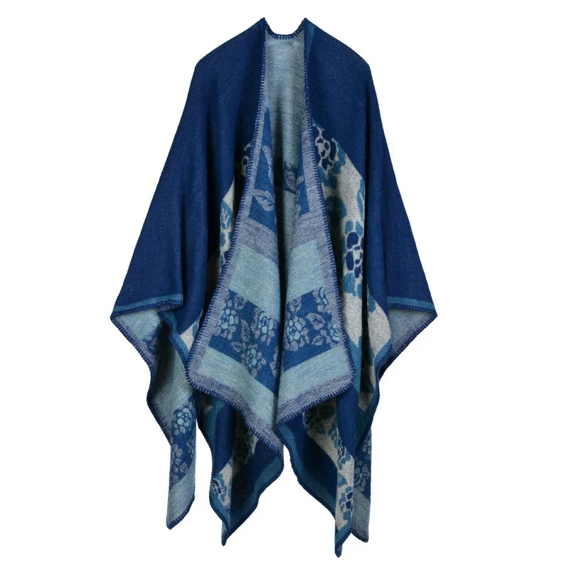 FXAASS новая осенняя/зимняя шаль модное Ацтекское пончо женский шарф роскошный кашемировый Rossa шарфы теплые пашмины - Цвет: Flower navy