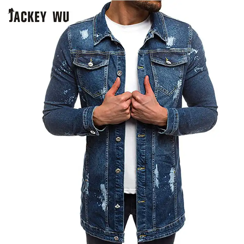 Jackeywu Men Denim Jacket Autumn Slim Fit Hole Decoration Men Long