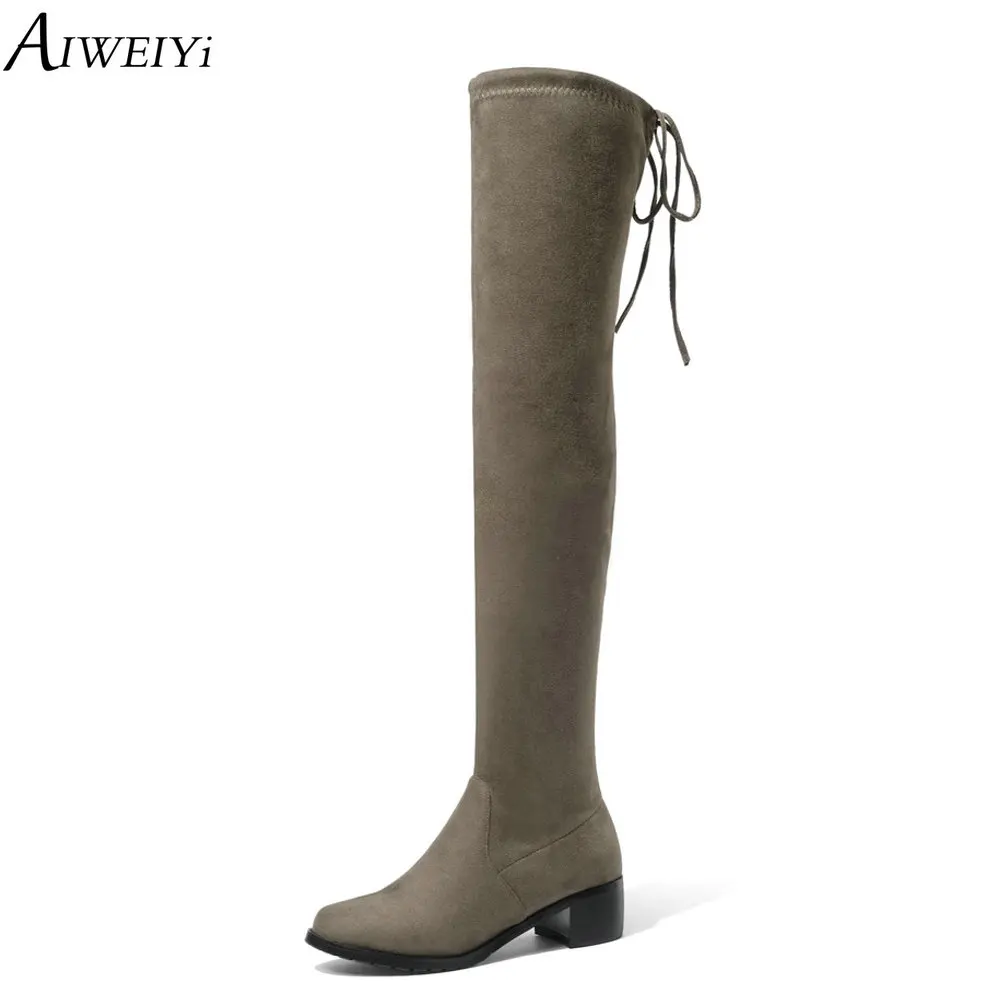 

AIWEIYi Faux Suede Women Thigh High Boots Stretch Slim Sexy Fashion Over the Knee Boots Female Shoes 4.5CM Med Heels Shoes Woman