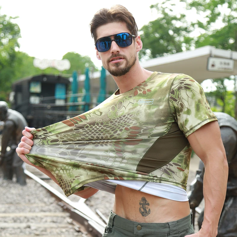Летняя мужская камуфляжная тактическая рубашка с коротким рукавом, камуфляжная футболка, армейская Боевая быстросохнущая охотничья тенниска, военная одежда