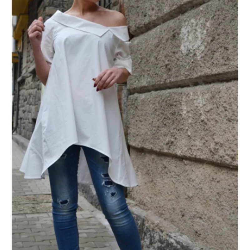 

Women Sexy Off Shoulder Solid Loose Three Quarter Sleeve Casual Blouse Office Ladies Harajuku Irregular Streetwear Shirt SJ3190M