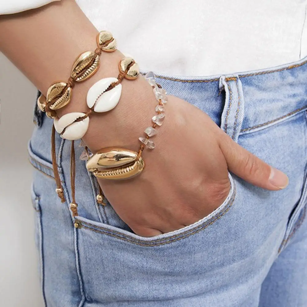 

Bohemian Summer Beach Women Sea Shell Irregular Stone Charm Bracelet Bangle
