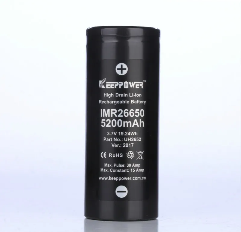 

Send from FBA 2 Pcs Keeppower 26650 maximum 30A discharge 3.7V 5200mAh 19.24Wh IMR rechargeable lithium battery
