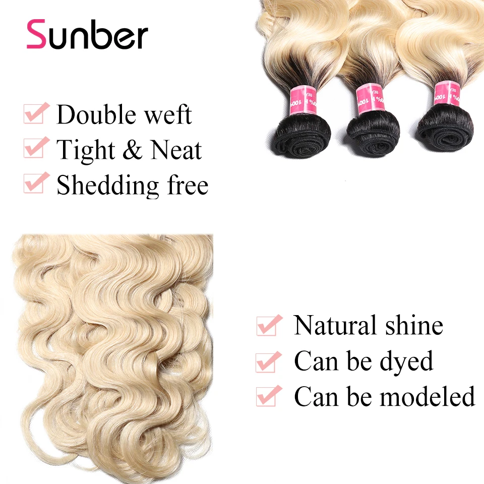 Sunber Hair T1B/613 малайзийские волосы объемные волнистые пряди с закрытием 10 ''-20'' Remy человеческие волосы Омбре блонд 3/4 пряди с закрытием