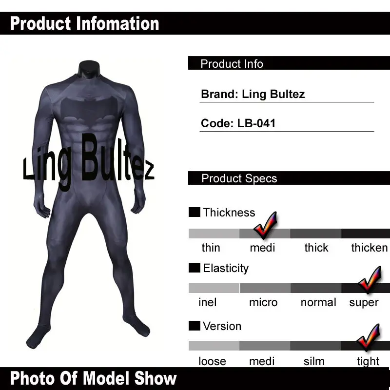 Ling Bultez высокое качество комиксов Бэтмен костюм с мышечный оттенок черный спандекс