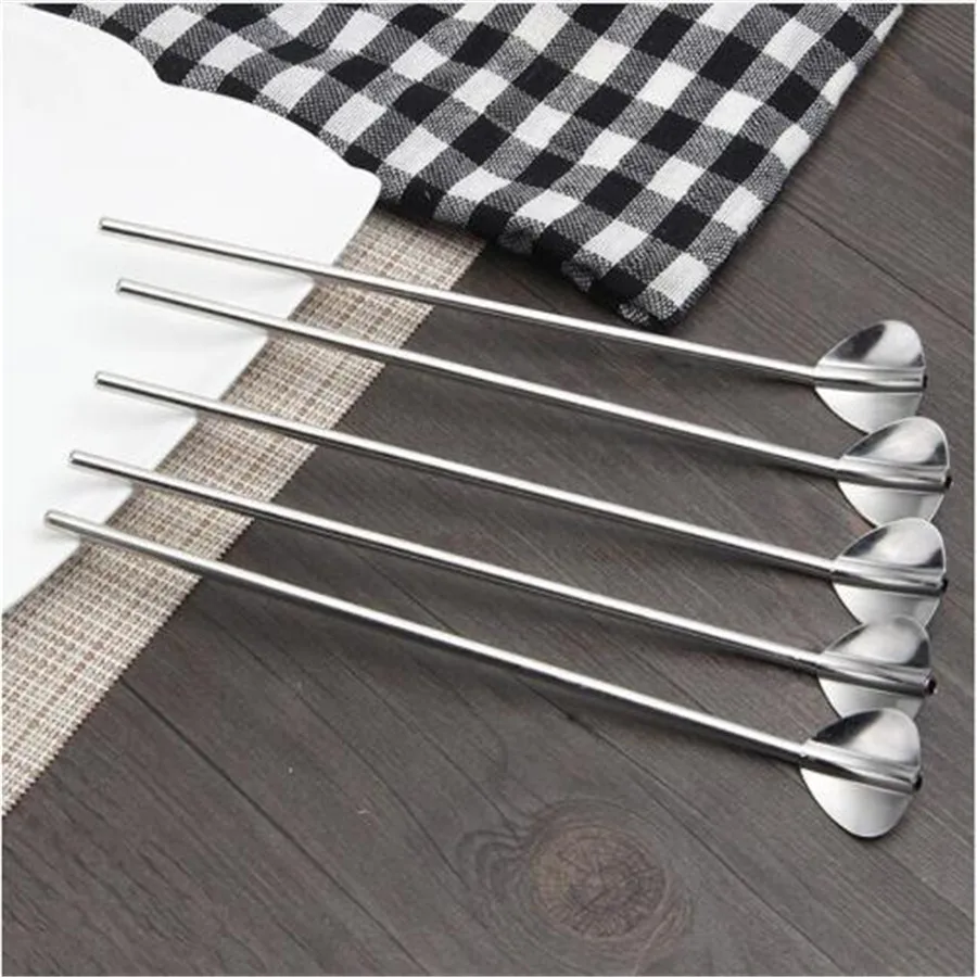 

1Pc 2018 New Stainless Steel Drinking Straw Reusable Metal Straws Cocktail Stirring Spoons Bar Set Milk Coffee stirring tools