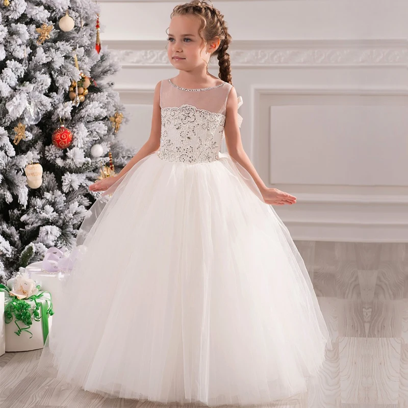 

Hot Vintage First Communion Vestidos Wedding Little Princess Sleeveless Ivory Lace Appliques Ruffles Tulle Ball Gowns with Bow