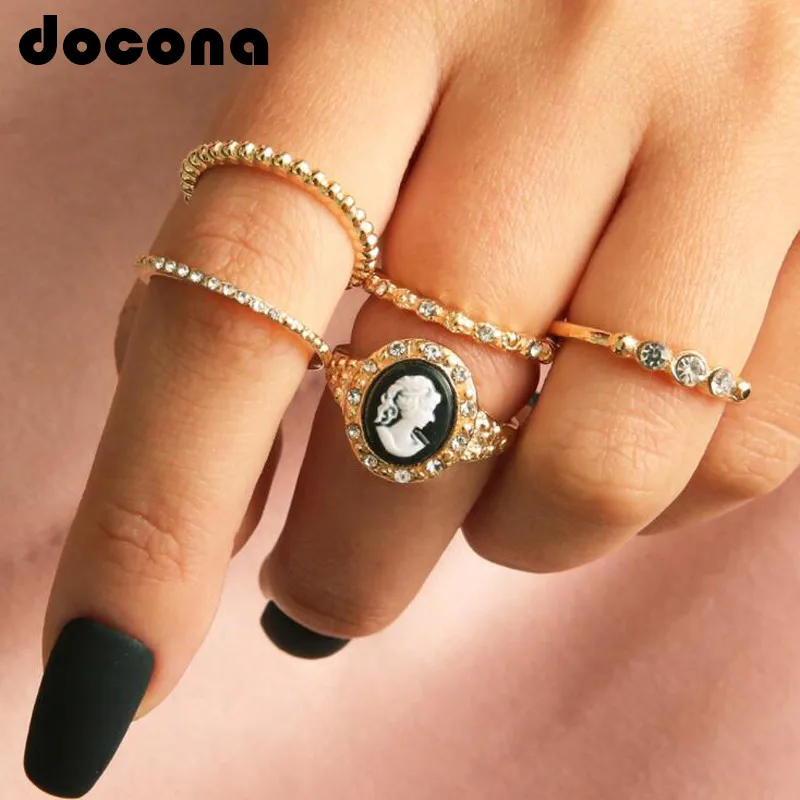 

docona Gold Color Crystal Beauty head Rings Set for Women Girl Metal Geometric Knuckle Midi Rings Set 5pcs/1set 4566