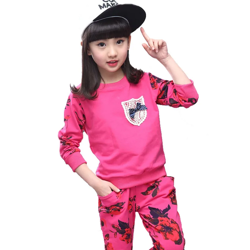

Children's Floral Set For Girls New 2016 Autumn Printed Kids Casual 2 Pieces Suits Cotton Full Sleeves Sport Style Girl Clothes