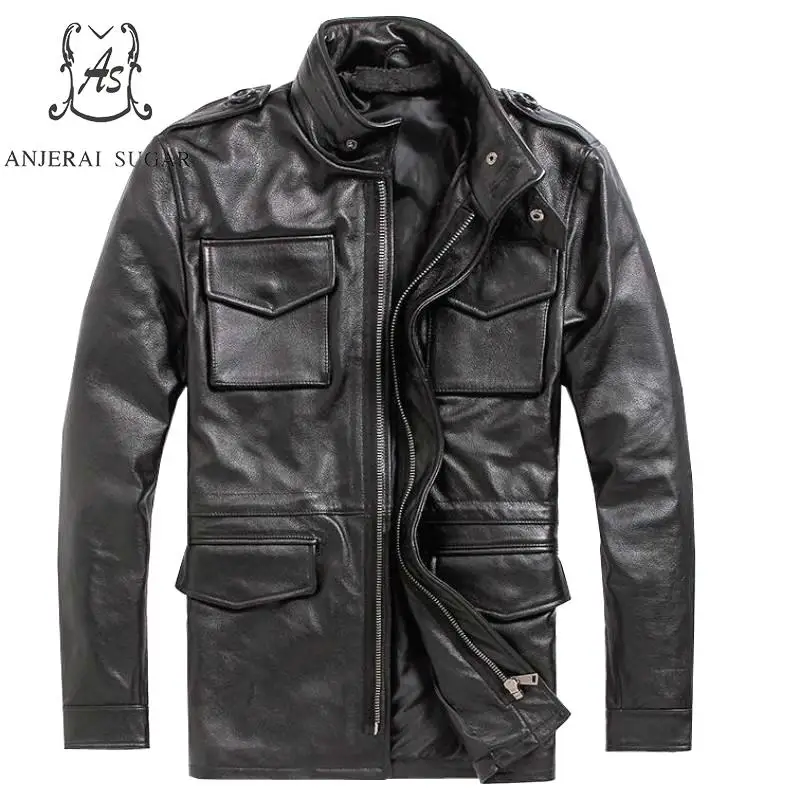 

Plus Size cow genuine leather jacket men black Stand collar pocket drawstring M - 5XL long large Punk jackets Motorcycle coat