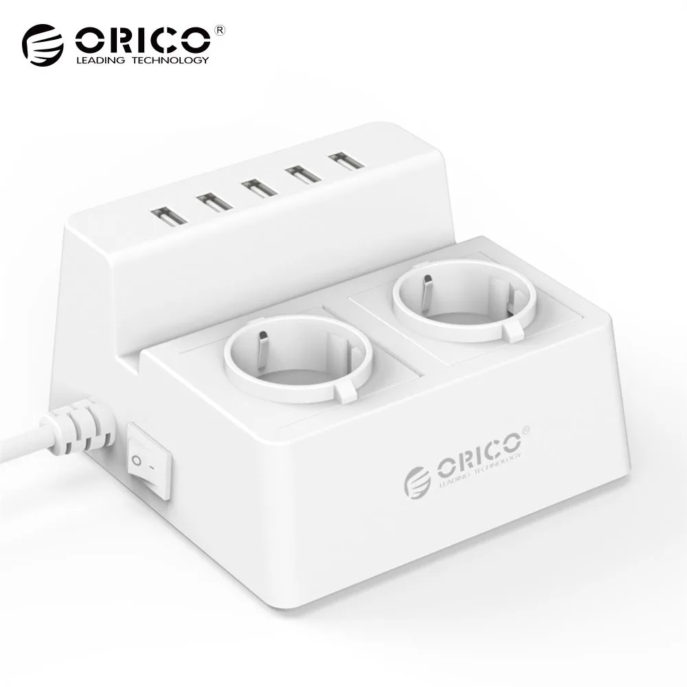 preço ORICO 2 ODC Home Office AC Outlets Surge Protector Tira com 5 Portas USB Carregador de Energia DA UE 40 w 1.5 m Cabo De Alimentação Branco Preto