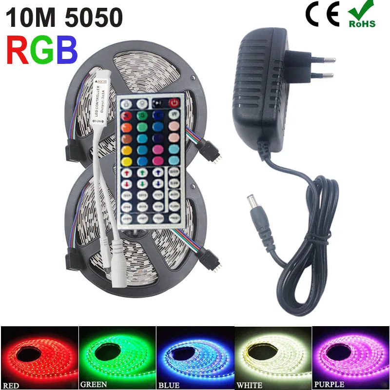 RiRi ganhou SMD RGB LED Luz de Tira 5050 2835 10 M 5 M LEVOU luz Leds rgb diodo fita fita Flexível Controlador DC 12 V Adaptador conjunto