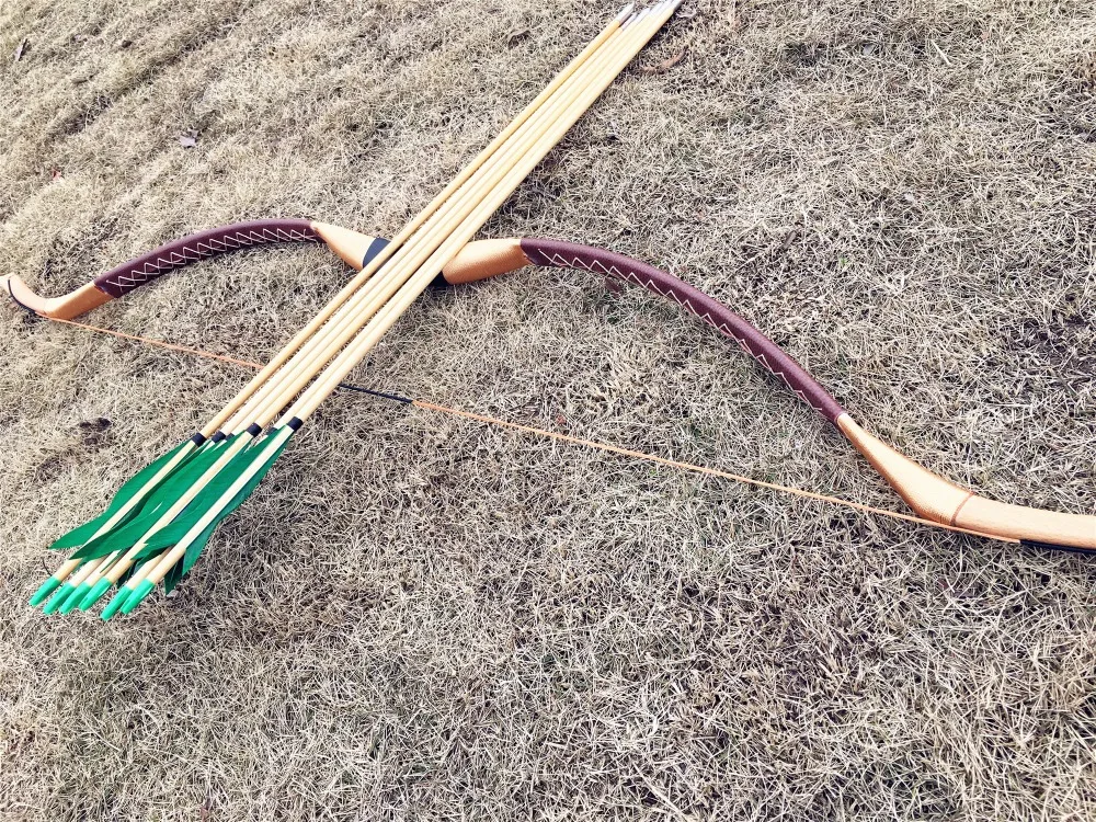Traditional Handmade Recurve Bow Longbow 20lb 60lb+6 green wooden arrows For Archery Shooting