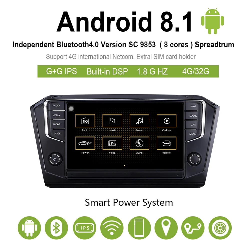 Автомобильная Радио навигационная система, автомобильный мультимедийный Видео android 8,1, автомобильный dvd для VW PASSAT B8-, 9 дюймов, 2G/32G, автомагнитола с сенсорным экраном