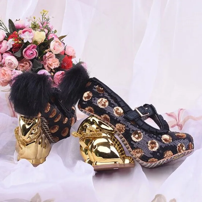 Женские блестящие разноцветные туфли-лодочки на высоком каблуке со шнуровкой; элегантные золотистые свадебные туфли на каблуке с кроликом