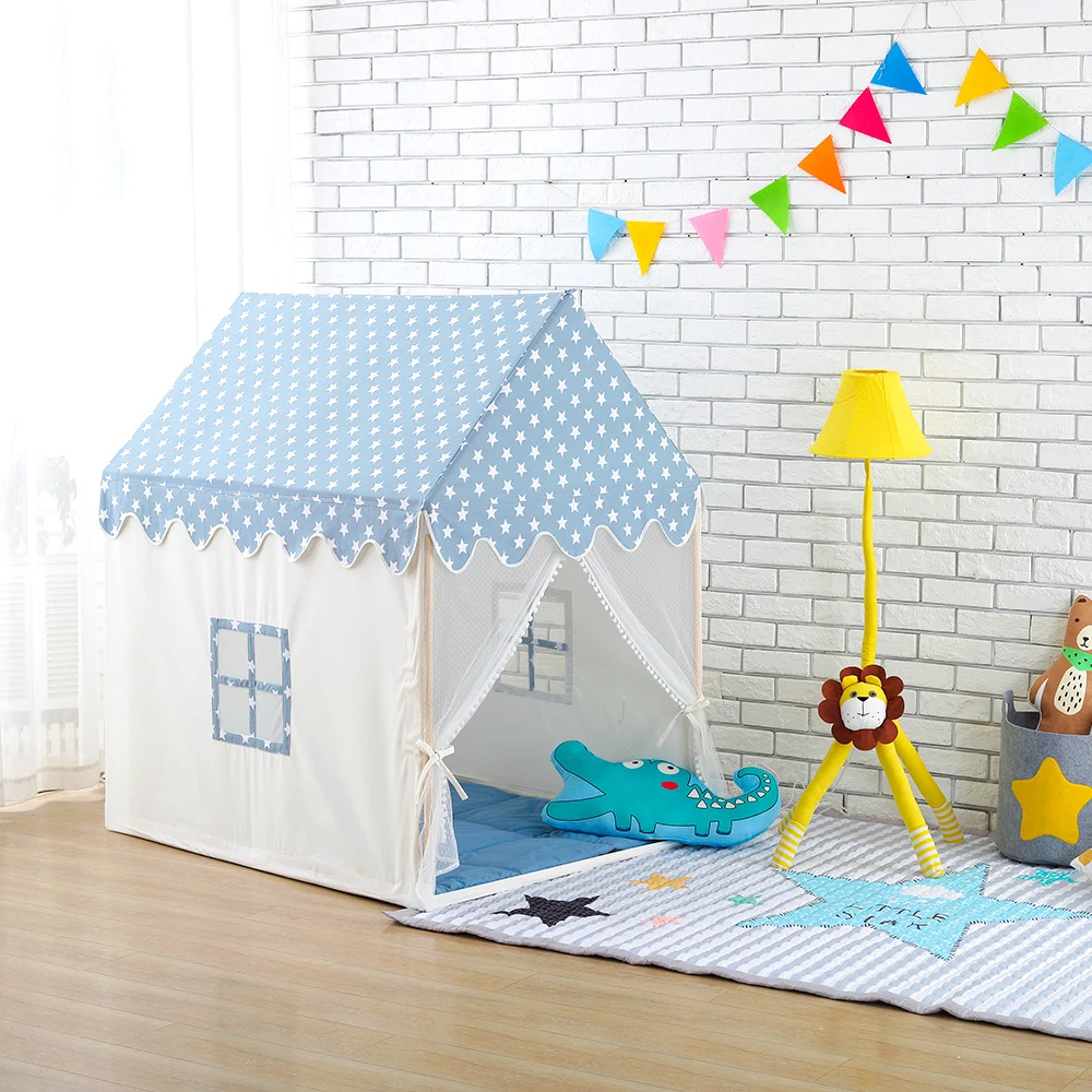 Детский игровой домик-палатка, натуральный хлопок, холст, большой замок, портативный, для помещений и улицы, веселые игры для детей, с ковриком, синий