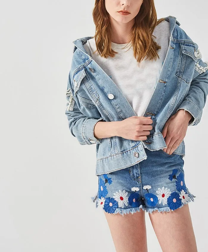 Vintage Perle En Jeans 2018 Veste Bleu Femmes Manches À Lâche Jean Broderie Longues Floral Perles Bomber w8fw4q