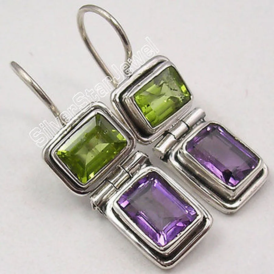 Silver Natural PERIDOT Amethysts 2 Gem LOVELY Earrings 2 9 CM