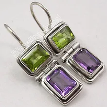 PERIDOT Natural de plata y Amatistas 2 Joya Pendientes ENCANTADORES 2.9 CM