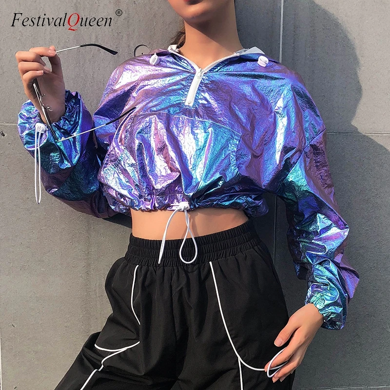 

Shiny Laser Hooded Sweatshirts Fashion Long Sleeve Drawstring Jacket Cool Hiphop Women Crop Tops Sexy Casual Hoodies Streetwear