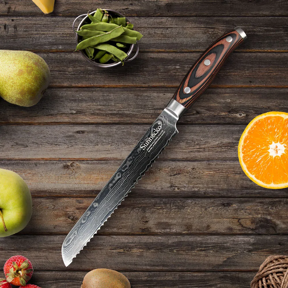 

SUNNECKO 8" inch Damascus Bread Knife Japanese VG10 Steel Blade Kitchen Knives Strong Hardness Cutter Tool Pakka Wood Handle