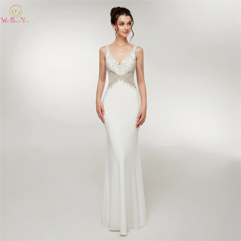 Белые женские вечерние платья русалки Vestidos Formales V средства ухода за кожей шеи без рукавов Длинные эластичные атласные Танк Выпускные