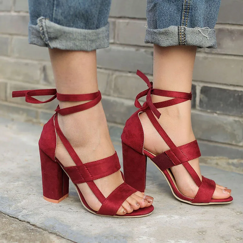 

Sexy Women Pumps Open Toe Lace Up Heels Sandals Thick High Heels Summer Spring Shoes New