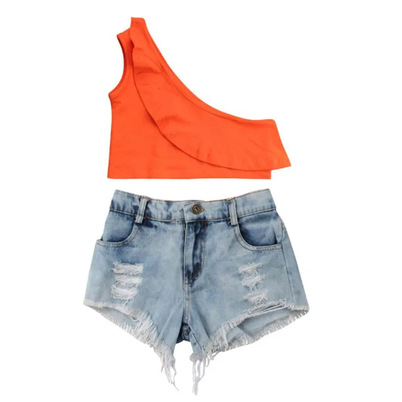 

ARLONEET Newborn Toddler Baby Girls Clothing Off-the-shoulder Tops+Denim Shorts Outfits Girls 1 to 4 Years Drop Shipping 30S518
