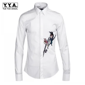 

New Mens Birds Embroidery Office Work Formal Shirt White Black Plus Size Wedding Dress Shirts Man Spring Cotton Long Sleeve Top