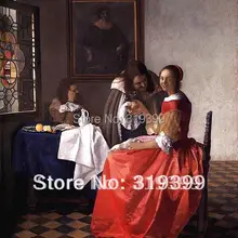Картина маслом Репродукция на льняном холсте, леди и два джентльмена от Johannes Vermeer, DHL, ручной работы
