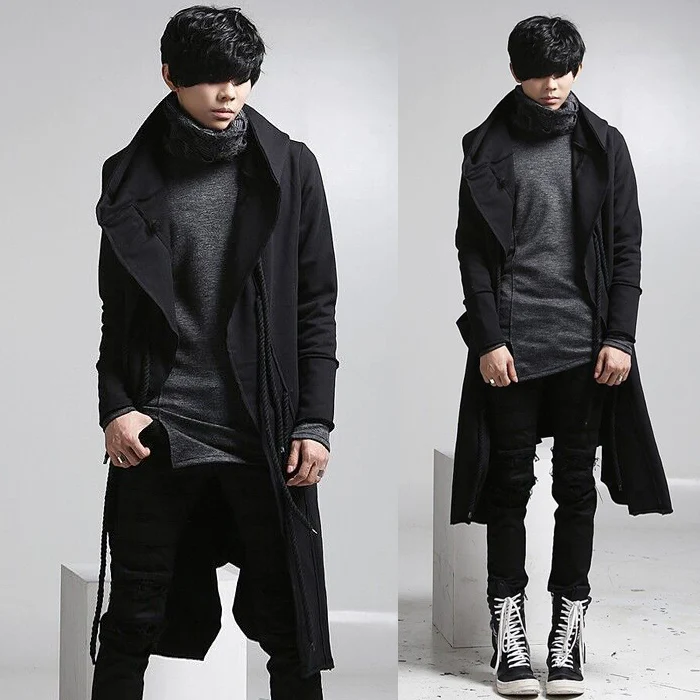 Мужской бархатный Тренч с капюшоном осенне-зимняя мужская модная верхняя одежда в стиле панк длинная Дизайнерская одежда певицы M-XL - Цвет: Black
